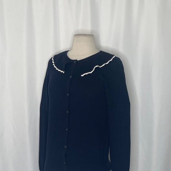 BODEN Frill Collared Wool Blend Cardigan Sweater Navy Blue White Preppy X-Small - Picture 7 of 16